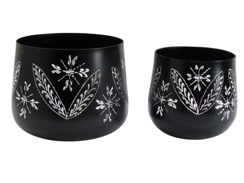 BLACK METAL EMBROIDED PLANTER (2) SET OF 2